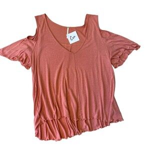 Free People‎ Women's Small Orange Linen Blend Cold Shoulder High Low V Neck Top